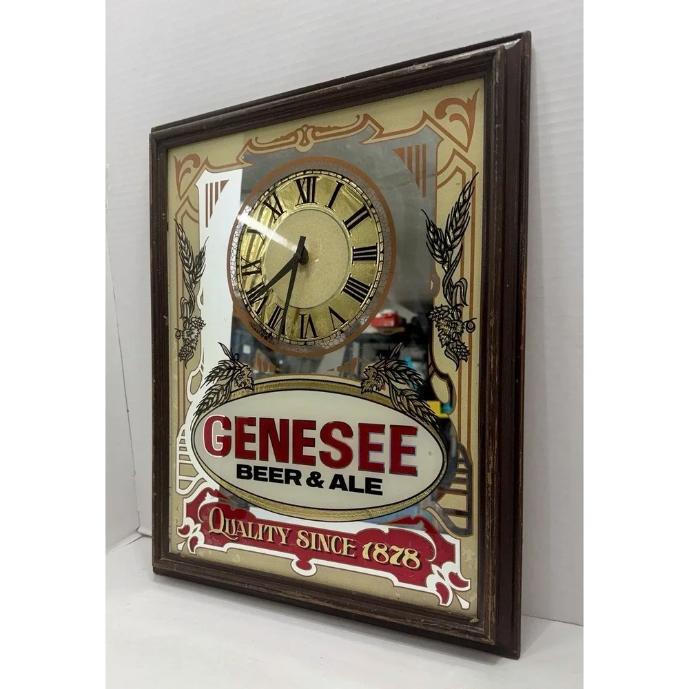 Vintage Genesee Beer And Ale Mirrored Wall Clock Gold Frame Bar/man cave Decor